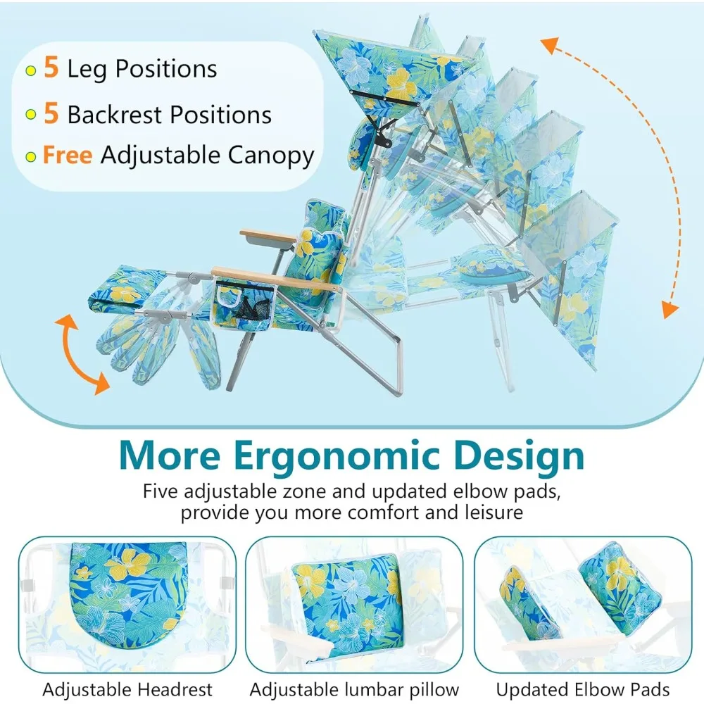 Lettino da spiaggia 4 in 1 con baldacchino, sedia abbronzante, fori per il viso e le braccia, cuscino lombare, braccioli in legno di faggio per un massimo rilassamento