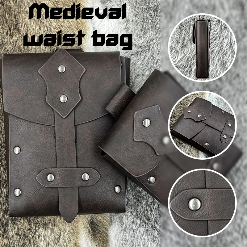 

Medieval Viking Knight Waist Bag Retro Rivet Punk PU Leather Bag 2Pcs/ Set Waist Belt Pouch Coin Purse Cosplay Stage Props