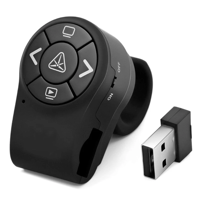 L43D 2.4GHz Wireless Presentation Remote Control Finger Ring Micro-USB Rechargeable PPT Clicker for Windows-MAC Linux-Android