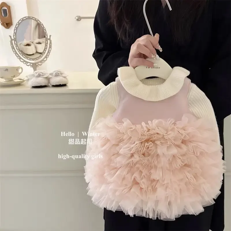 

Детское милое бальное платье принцессы для девочек, элегантный вязаный свитер с лацканами + сарафан-пачка, одежда, повседневная одежда, осенне-зимняя детская одежда