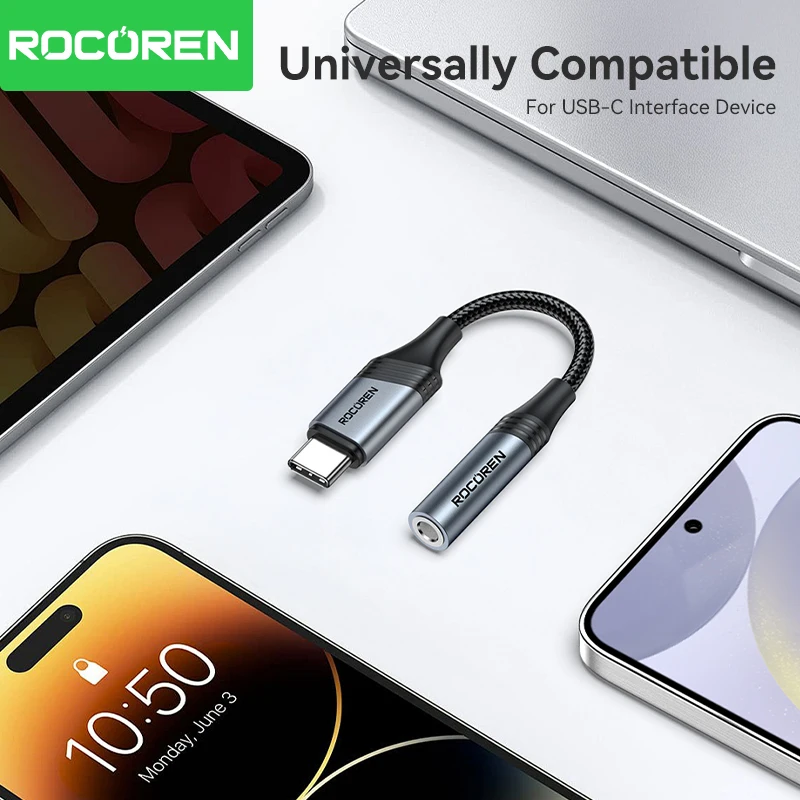 Rocoren USB C to 3.5mm Jack Dac Аудиокабель «папа-мама» Переходник для наушников типа C на 3,5 мм Конвертер для телефона Samsung Xiaomi