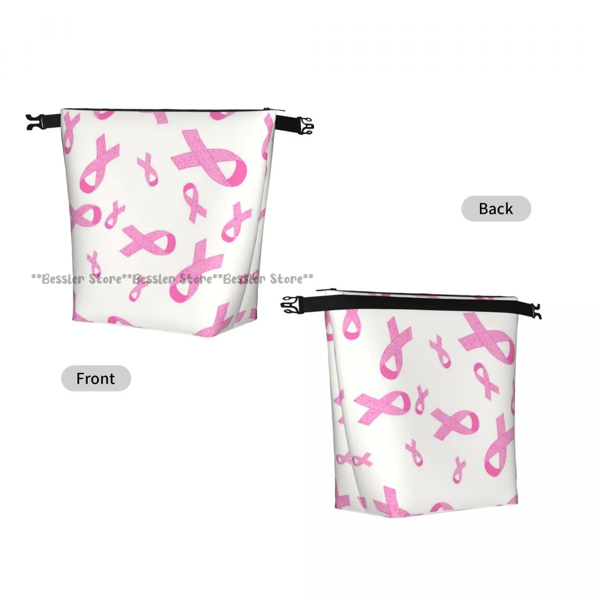 Roll Top Insulated Lunch Bag Breast Cancer Pink Ribbon Thermal Food Storage Bag Portable Bento Handbag for Daily Use