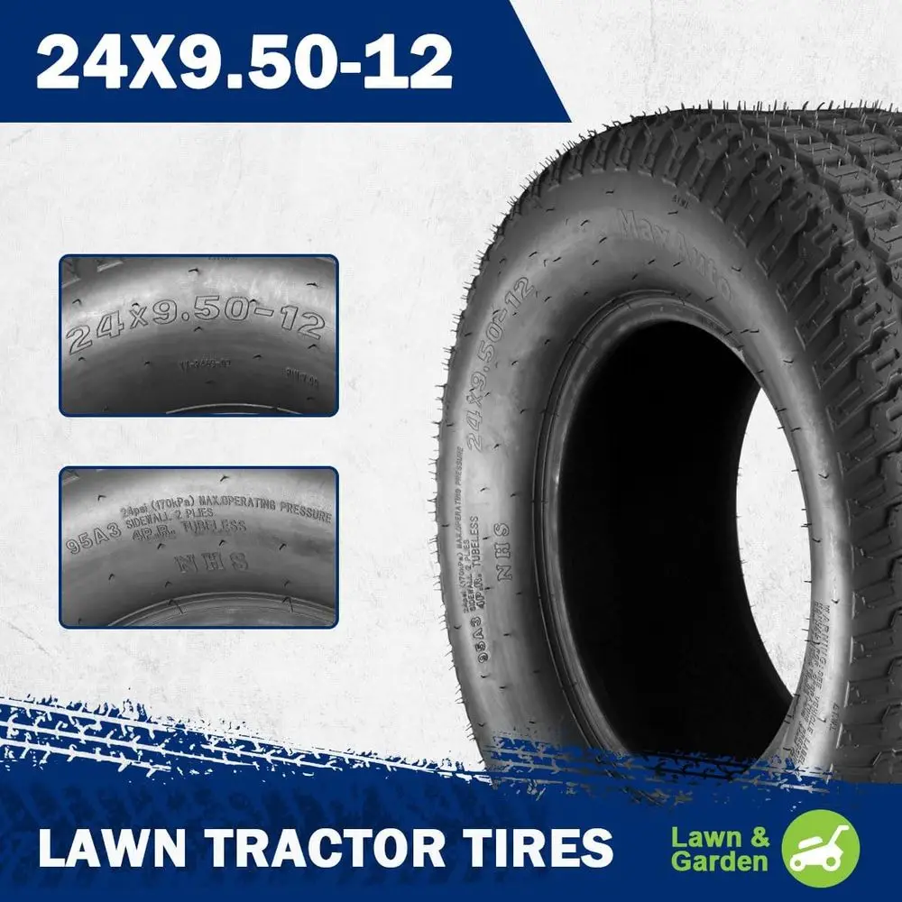 2Pcs 24X9.50-12 Lawn Mower Tires 24x9.5x12 Riding Tractor Tur Tire 4PR Load Range B