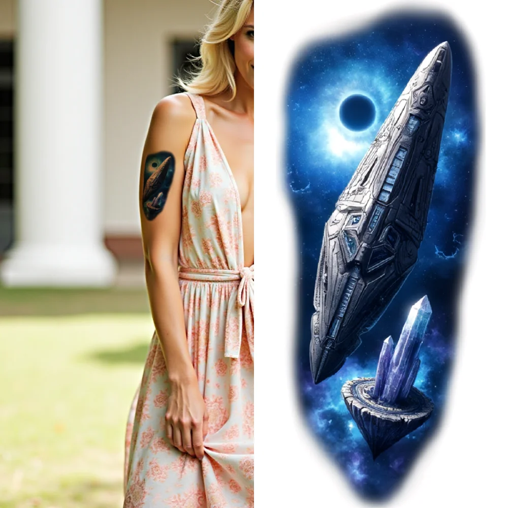 

12pcs Temporary Tattoo Colorful Realism Spacewoman Planet Spaceship For Arms Women Back