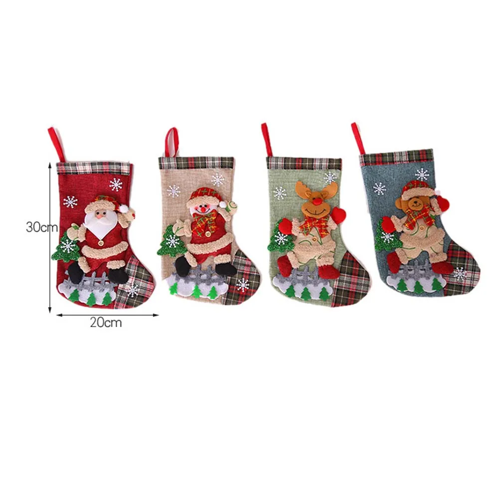 

Holiday Decoration Set with 4 Christmas Stockings in Burlap Fabric Red Beige Green Blue Size 30 by 20 Centimeters