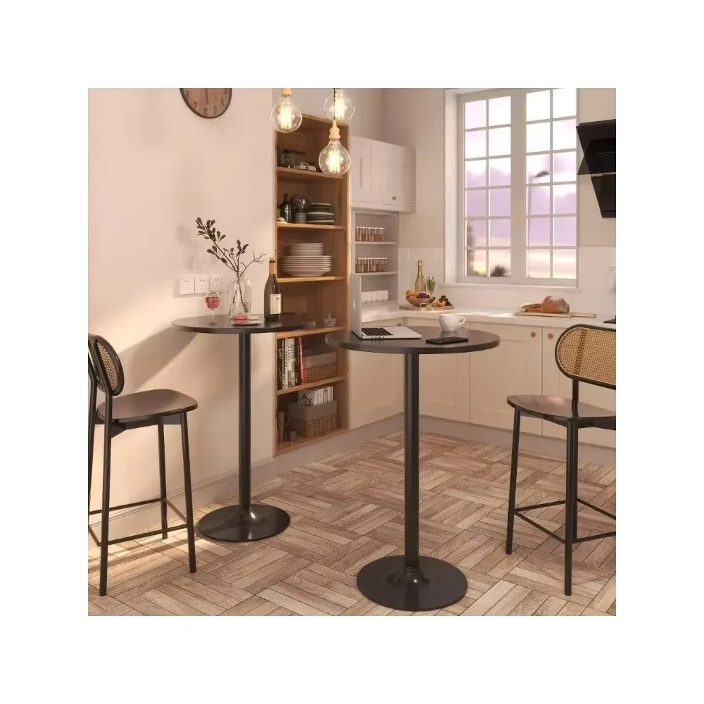 Tavern Bar 2 Pack Round Bar Height Cocktail Table Metal Base MDF Countertop Obsidian Table with Black Legs 23.8