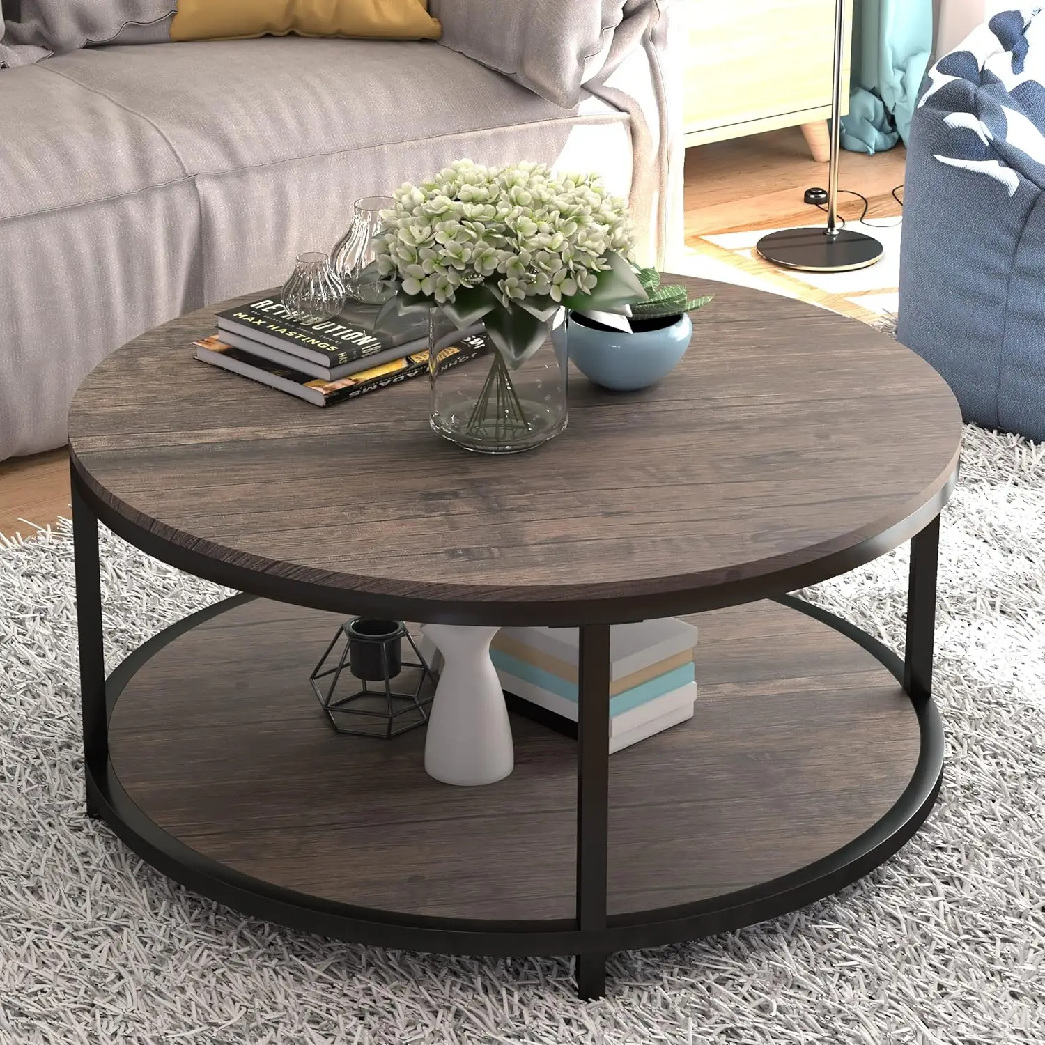 Round Coffee Table,36" Coffee Table for Living Room,2-Tier Rustic Wood Desktop with Storage Shelf Modern Design Home Fu