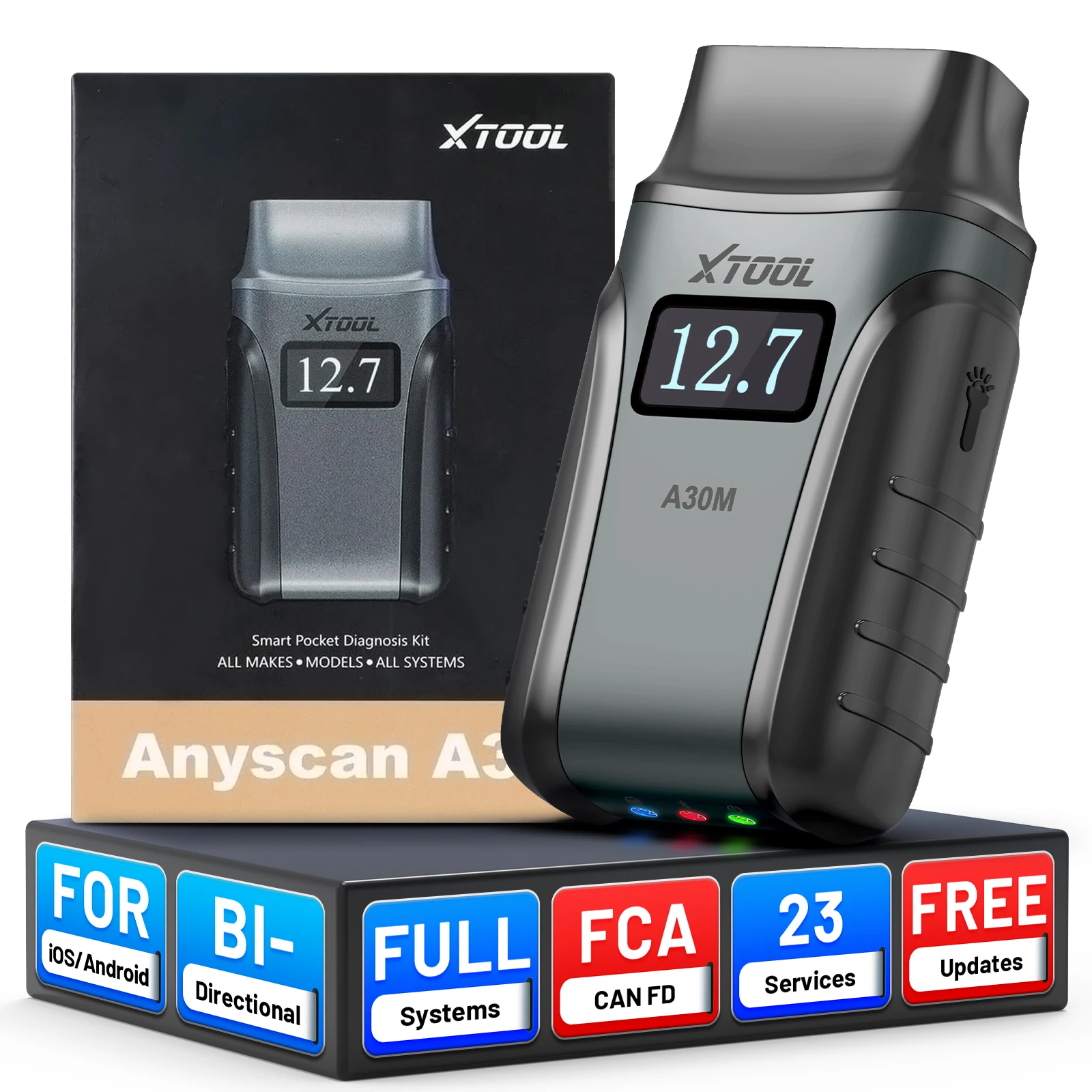 XTOOL A30M OBD2-Scanner, Bluetooth-Diagnosetools, Kfz-Scanner, lebenslanges kostenloses Update, bidirektional, CAN FD FCA, 26+ Resets