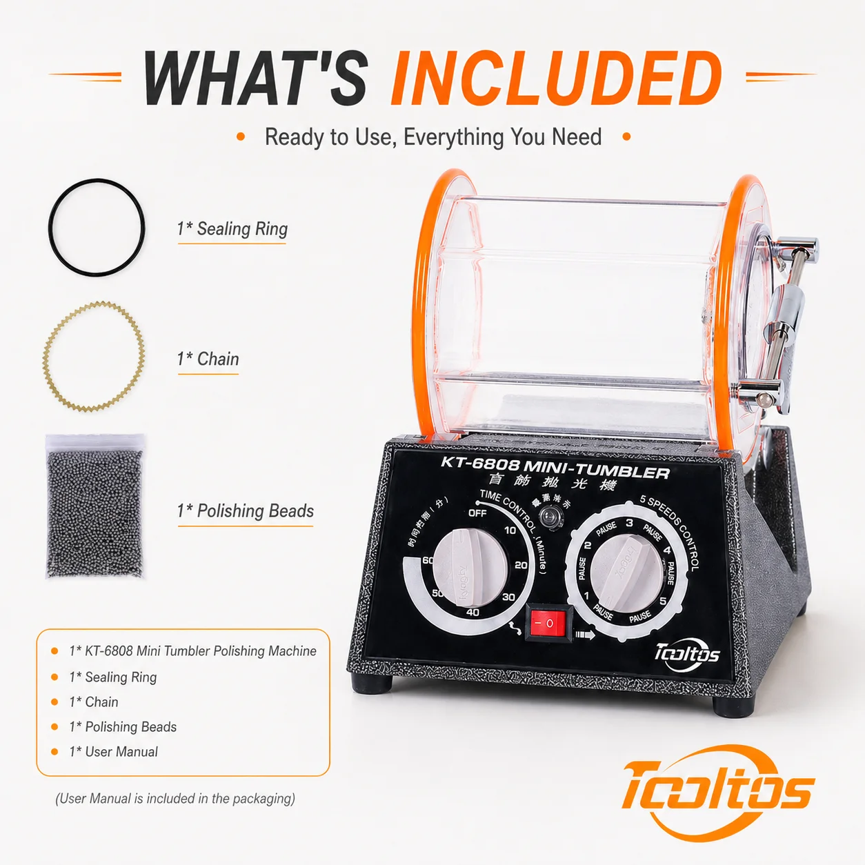 TOOLTOS KT6808 Jewelry Rotary Tumbler Polisher 3KG Mini Glass Barrel Machine for Gold Silver Jade