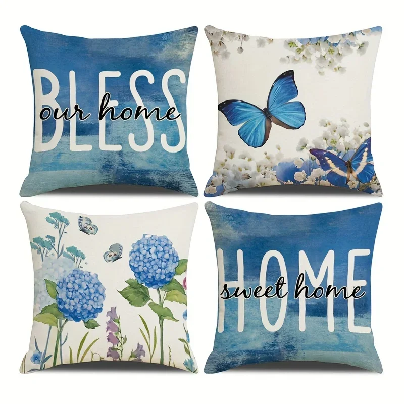 

4Pcs Linen Flower Butterfly Series Single-Sided Printed Pillowcase for Home Decor Living Room (No Pillow Core)