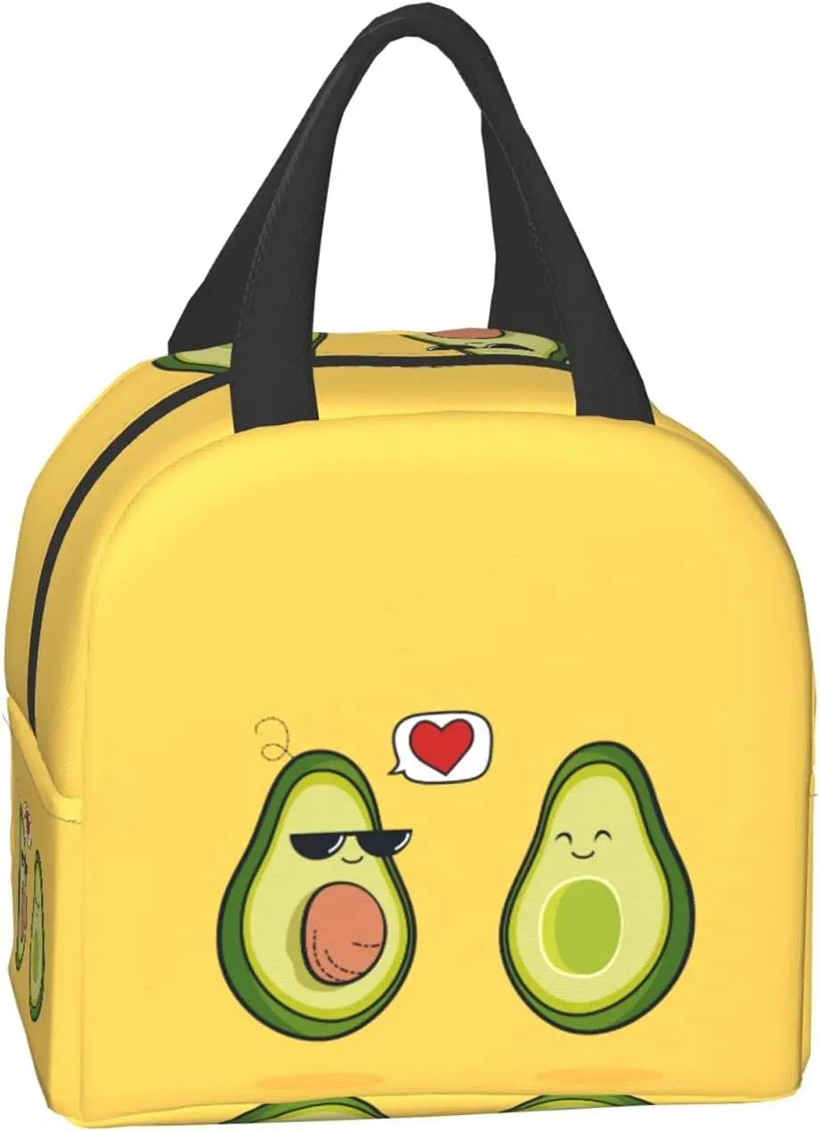 Caja de viaje con dibujos animados de aguacate divertido, bolsa de almuerzo negra, enfriador Bento de trabajo, bolsas de Picnic reutilizables, contenedor aislado, compras