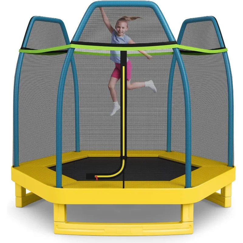 

GYMAX Trampoline for Kids Age 3+, 7FT Toddler Trampoline with Safety Net & Seamless Spring Pad, Small Indoor/Outdoor Trampoline