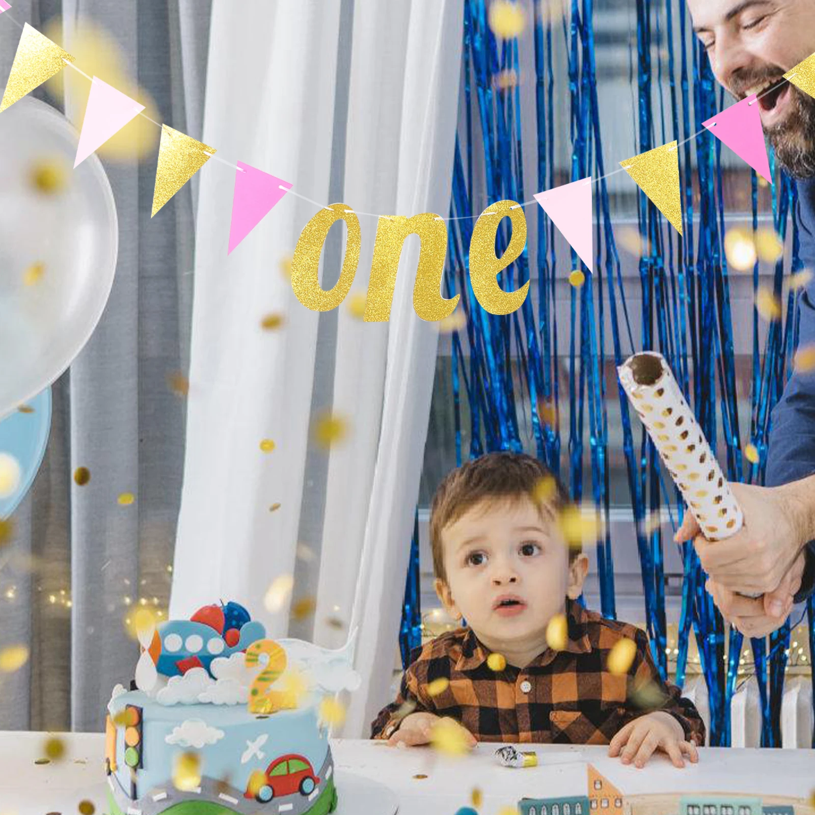 

Baby Birthday Banner 1st Decor Pink Gold Triangle Flags Photo Props Supplies Celebration DIY Decorations