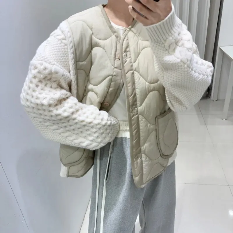 Knitted Patchwork Women 2025 Outerwears Single Breasted Chaquetas Mujer Hit Color V-neck Jacket Loose Jackets Korean Coats