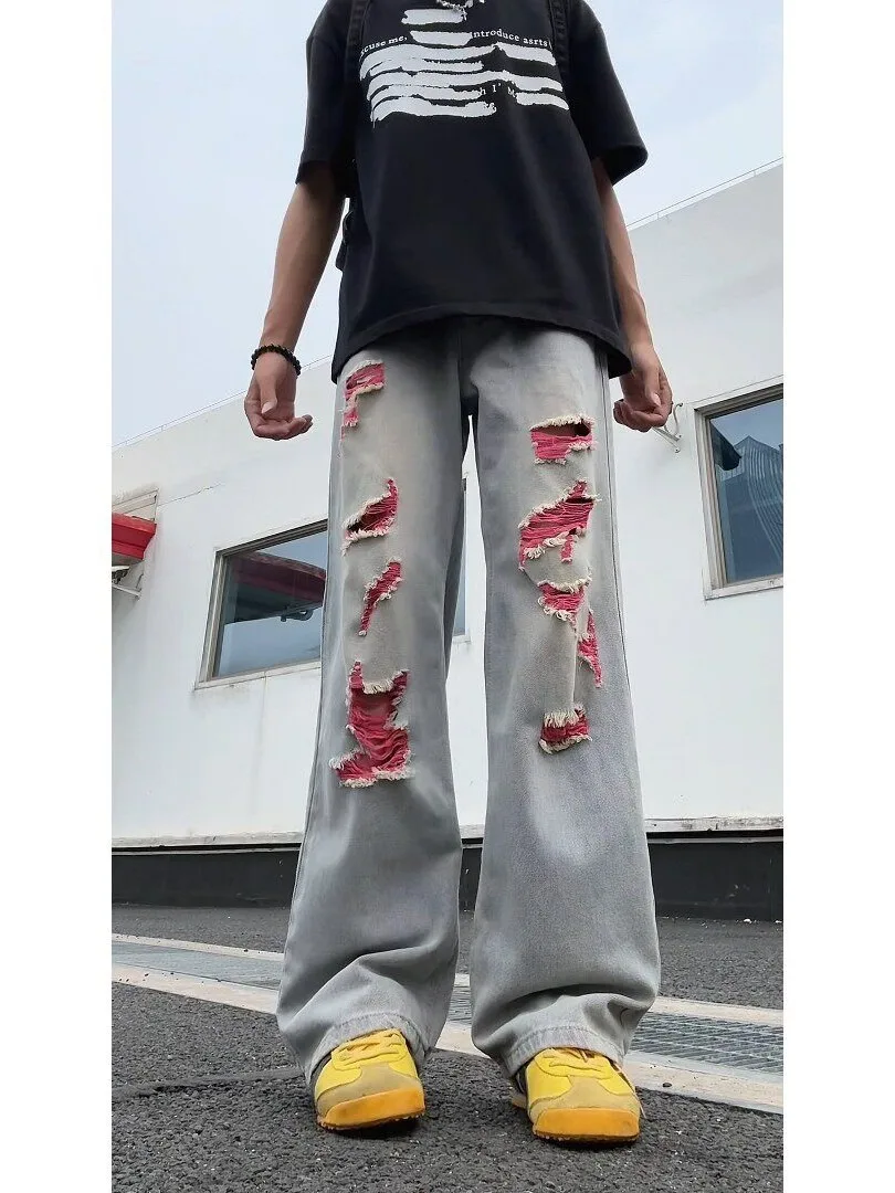 Calça Jeans Americana Desgastada com Blocos de Cores e Rasgos, Unissex, Verão, Efeito Alongador de Pernas, Lavada, Reta, Slim...