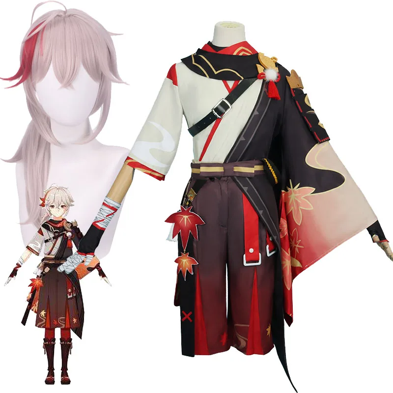 Genshin Impact Kaedehara Kazuha Cosplay Costume and Accessories Inazuma Ronin Warrior Uniform Suit Game Play Wig Headgear