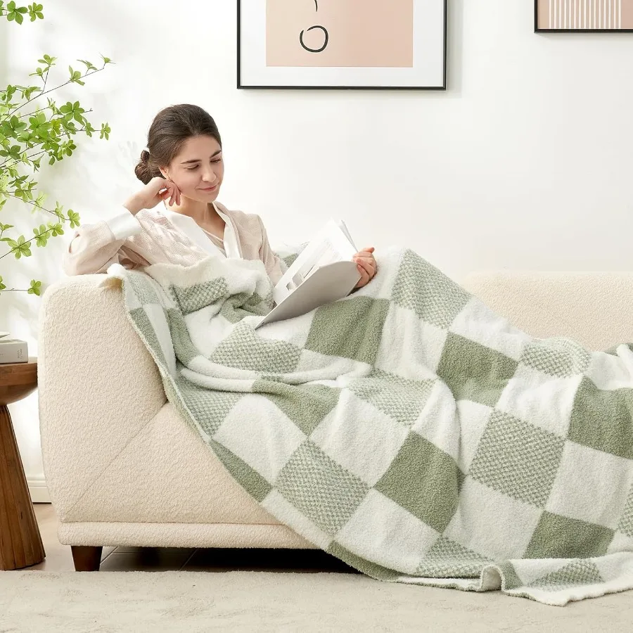 بطانية مربعة باللون الأخضر المريمية للأريكة: بطانية رمي من الألياف الدقيقة منقوشة قابلة للعكس مقاس 50 × 60 بوصة من القماش الناعم المريح والغامض