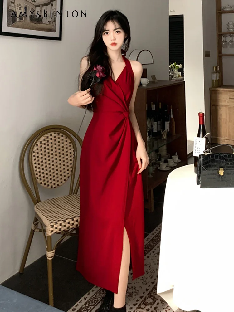 

2025 Summer and Autumn New French Style High Waist Slimming Red Slit Strap Long Dress with White Lace Cardigan Two-Piece Set