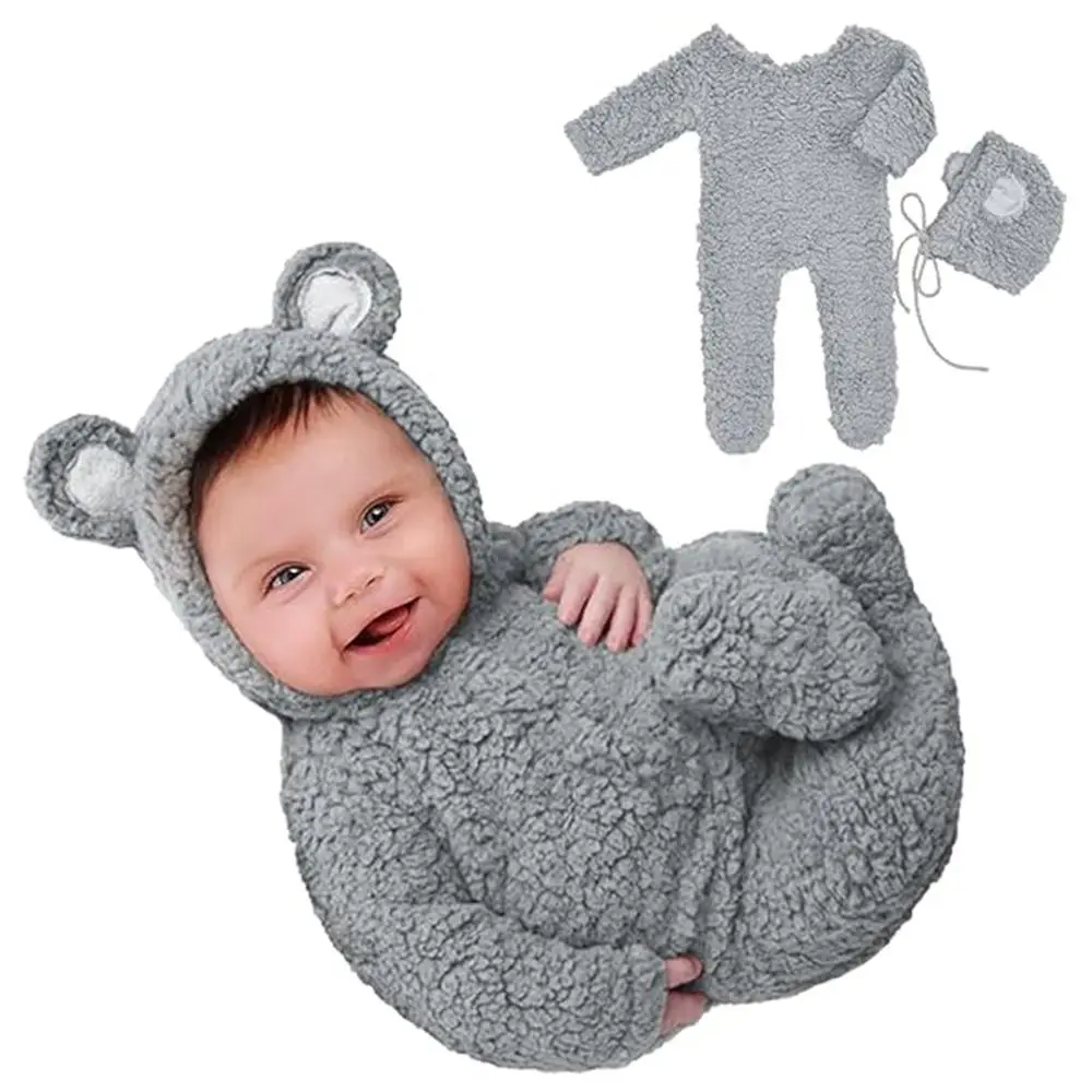 

Creative Newborn Photography Props Bear Design Plush Newborn Bear Bonnet and Pajama Set Bear Ear Hat Footed Romper