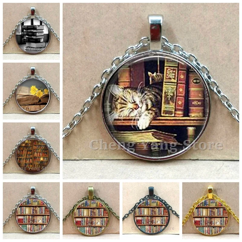 New Valentine Day Gifts Library Books Necklace Vintage Book Art Photo Jewelry Glass Pendants Link Chain Gift For Book Lovers