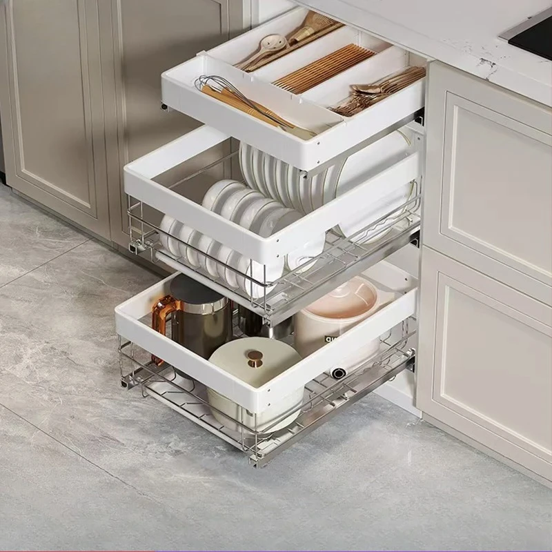 

304 stainless steel small size drawer type double-layer kitchen cabinet bowl basket narrow cabinet pot bowl seasoning fruit and