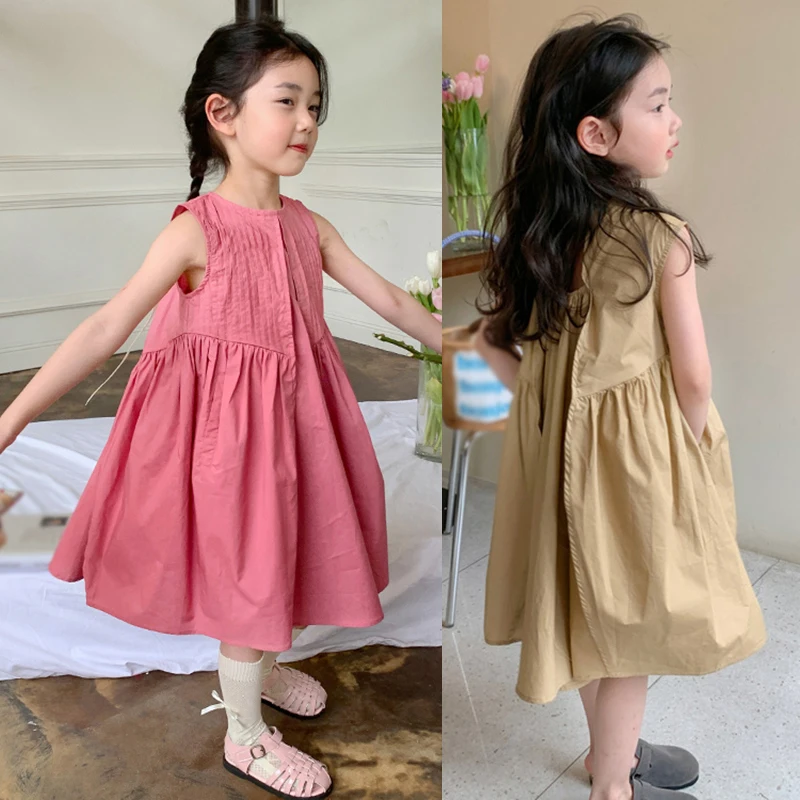 3-8T Summer Girl Dress Kids Cool Sleeveless Casual Dress Sweet Cotton Backless Simple Fashion Dresses Knee Length Beach Vestidos