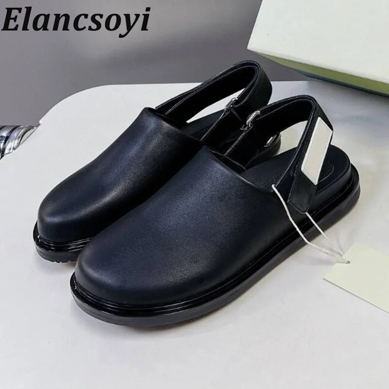 

Spring Autumn Genuine Leather Round Toe Thick Bottom Sandals Women Back Strap Solid Color Sandalias Beach Vacation Lazy Mules