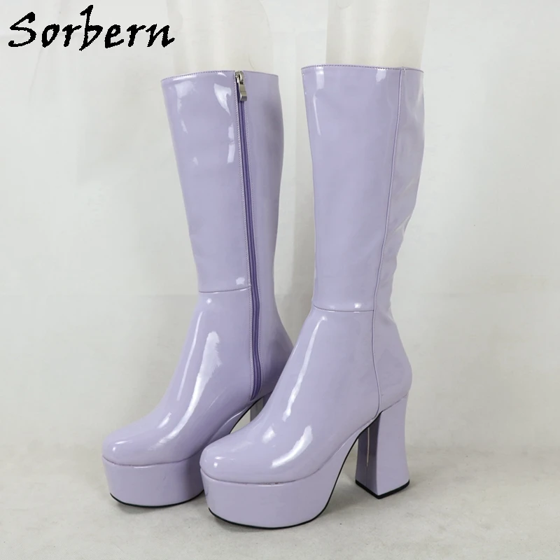 Sorbern รองเท้าบูทสีดำเงาสีแดง, รองเท้าบู้ทสูงถึงกลางต้นขาสูงรองเท้าส้นเข็มที่กำหนดความยาวของขา
