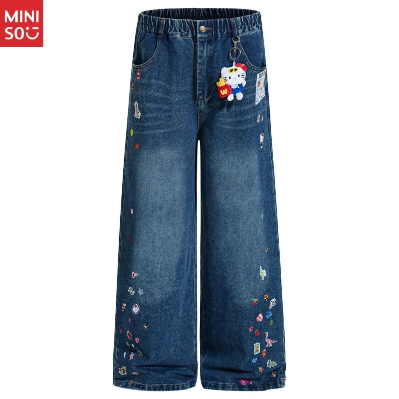 

Miniso Vintage Wash Cartoon Print Jeans Straight Leg Wide Pants Unisex Loose Couple Detachable Decor Kids Jeans