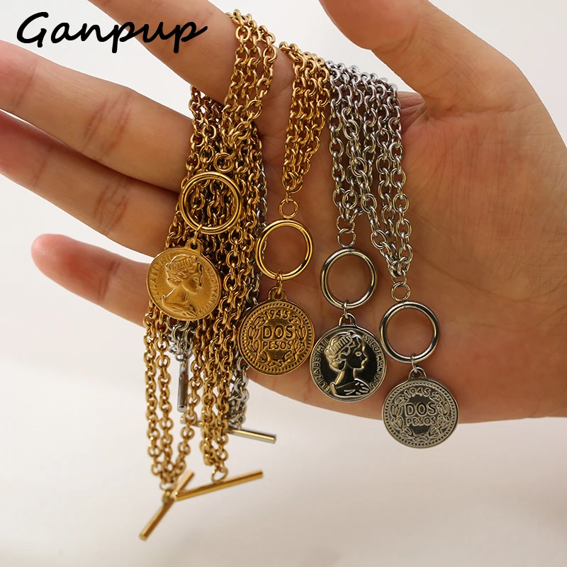 

GANPUP 316L Stainless Steel Portrait Coin Charms Bracelet For Women Men Texture Waterproof OT Clasp Wrist Chain Jewelry Gift