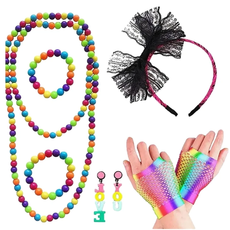 d'accessoires Costume pour femmes des années 80, gants en résille, collier, Bracelet, cadeau DXAA