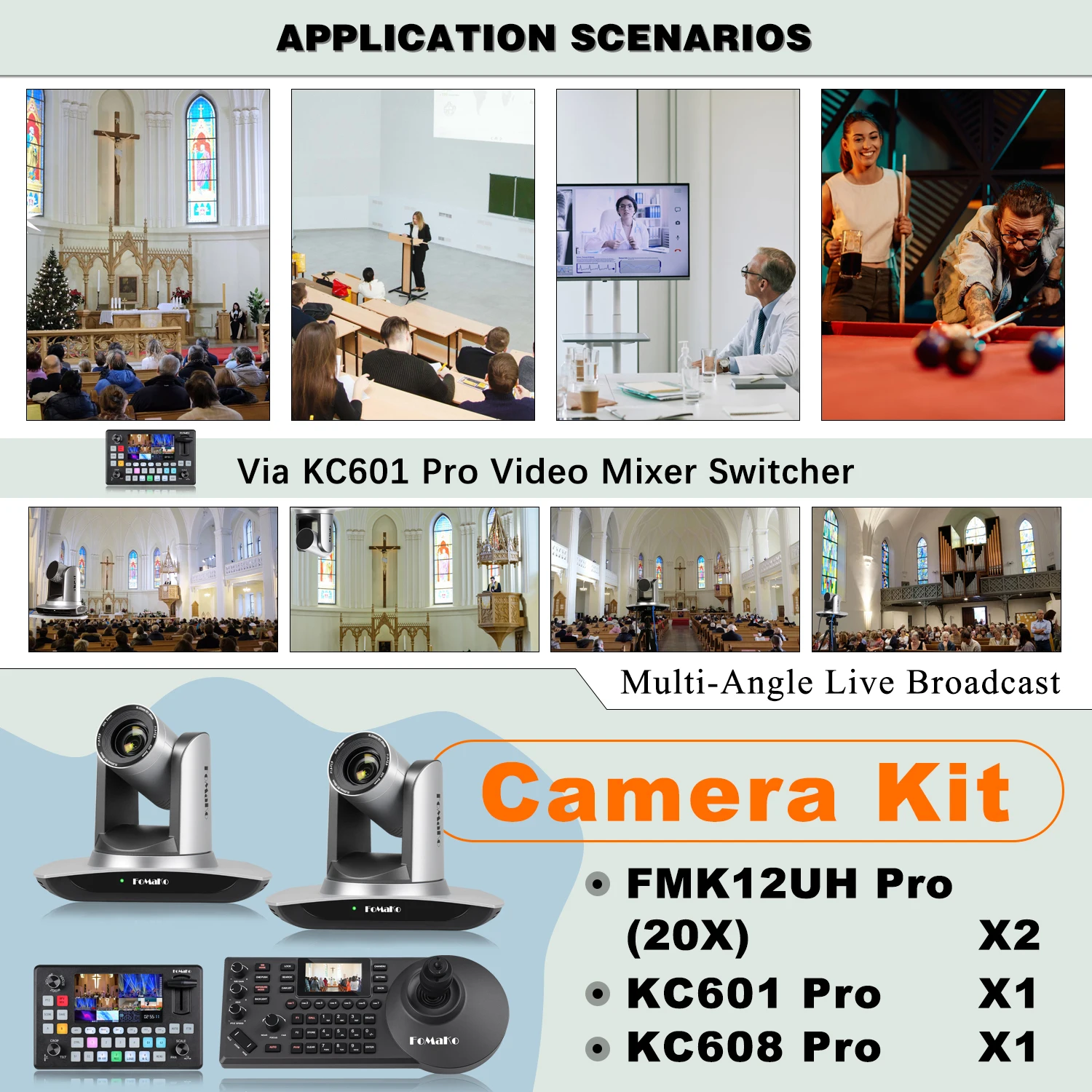 BH440 FMK12UH Pro(20x) AI Auto Tracking HDMI PTZ Camera 20x Optical Zoom(2pcs) +1* Video Mixer Switcher+ KC608Pro PTZ Controller