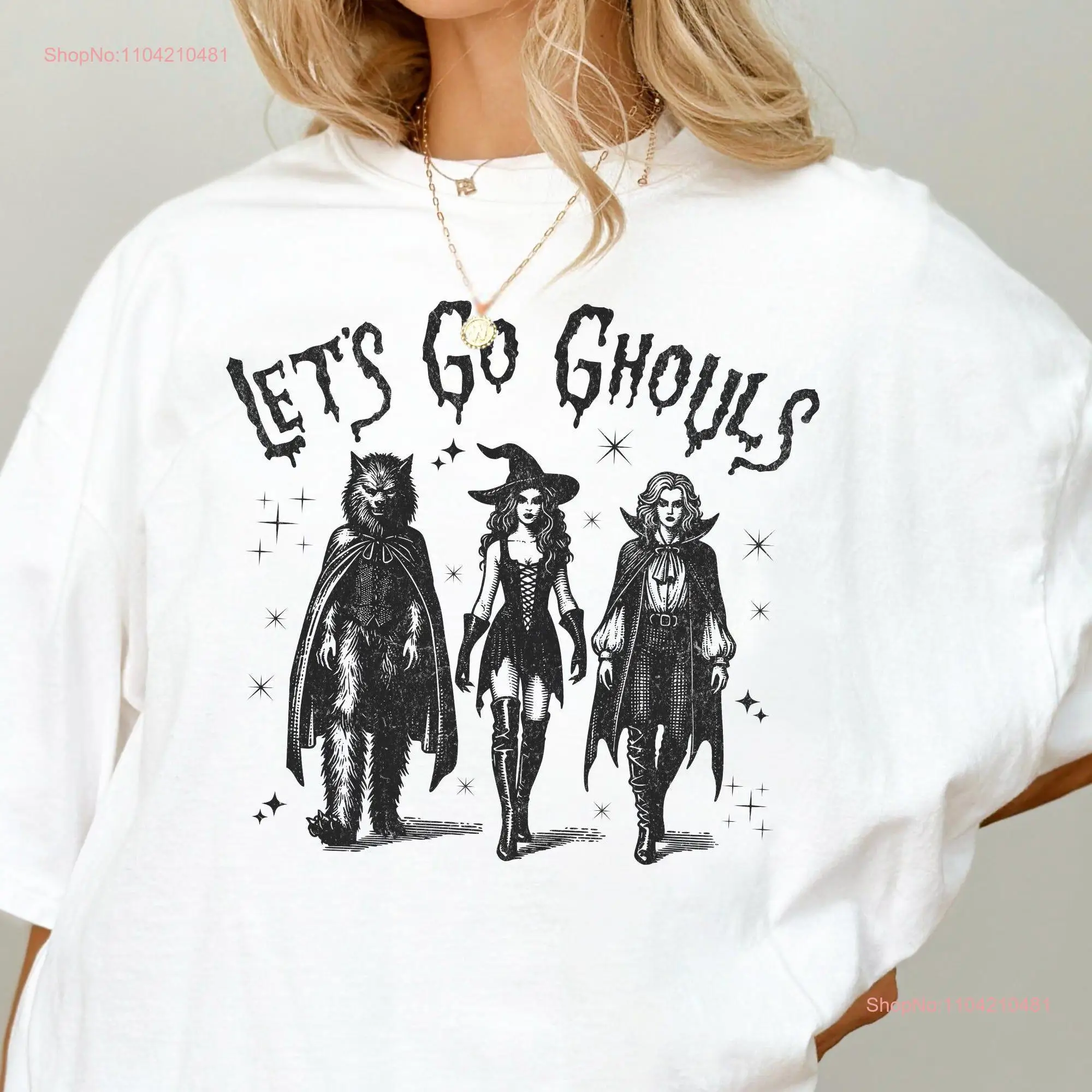 Let's Go Ghouls T Shirt Retro Halloween Witch Vampire Werewolf Vintage Funny Oversized long or short sleeves