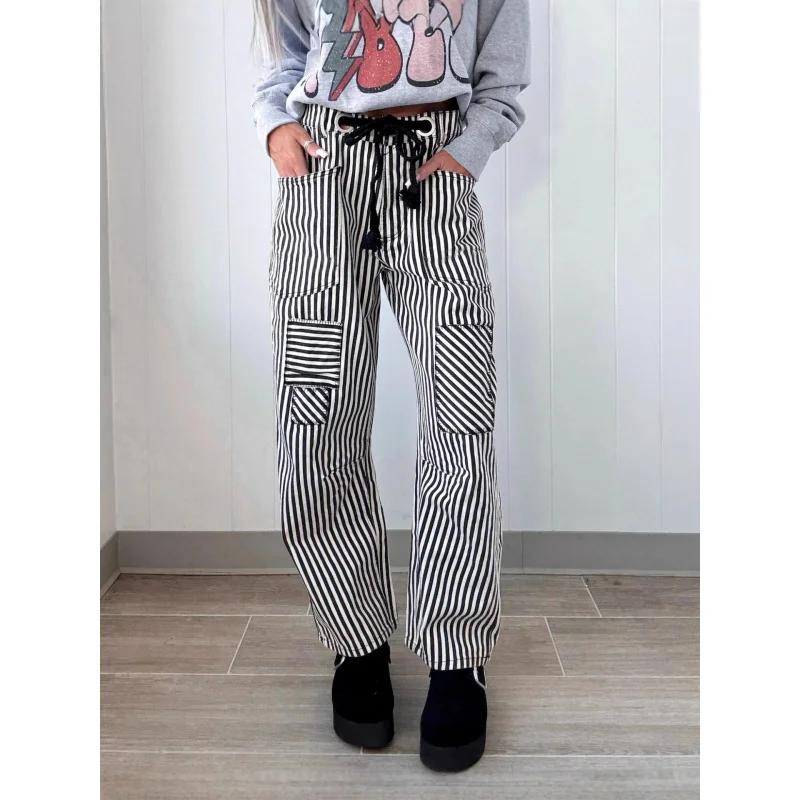 Autumn Women's Casual Fashionable Loose Striped Straight Leg Denim Pants Comfortable Fit High Waist Classic