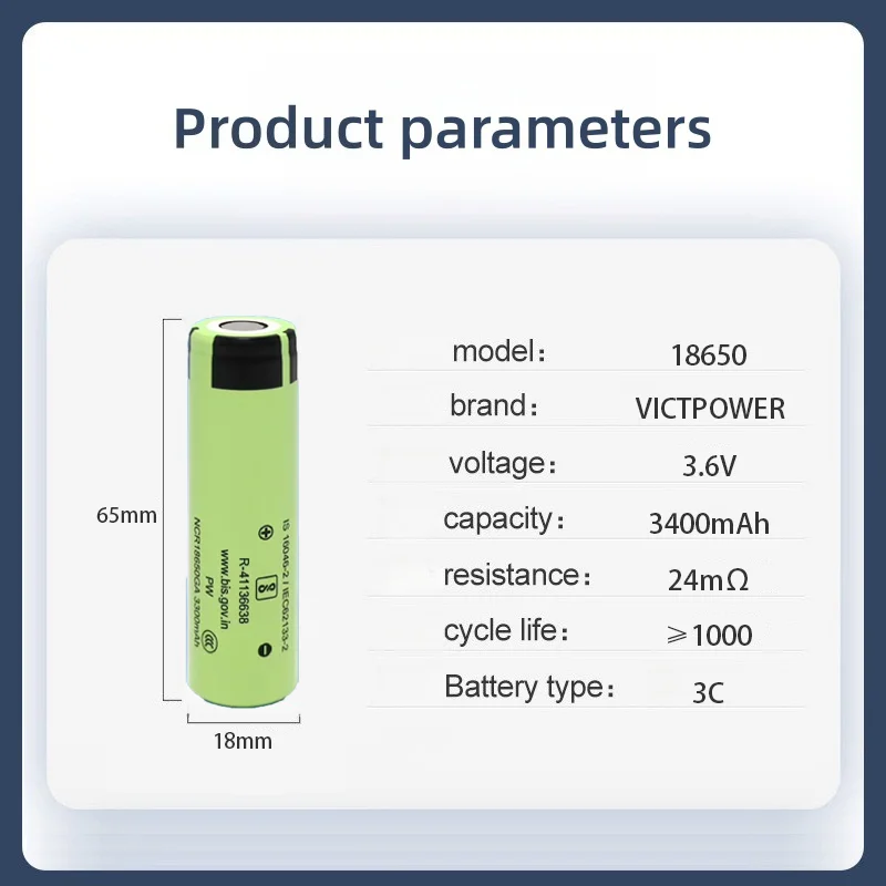 

Victpower 10PCS High Capacity 18650 3400mAh 3C Rechargeable Batteries for Flashlights, Power Banks, Electric Tools