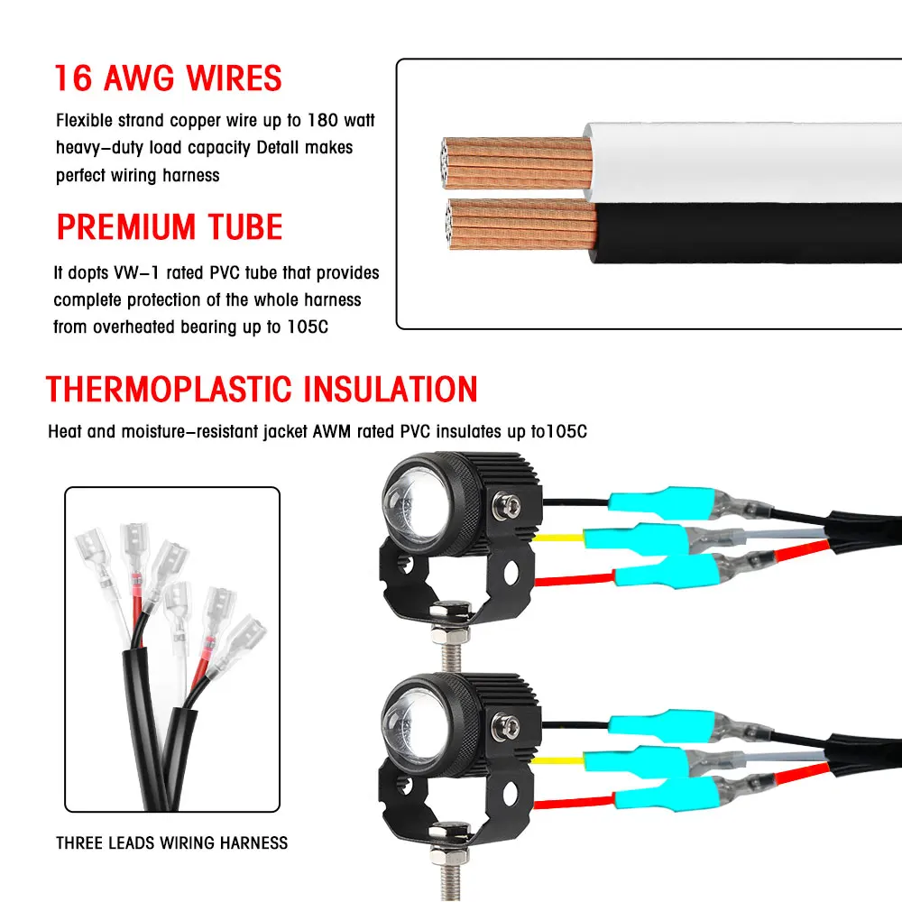 Motocicleta Spotlights Switch Light Bar, Luz de trabalho, Luz de nevoeiro, Ligar, desligar cablagem para carro, barco, caminhão, 120W Cable