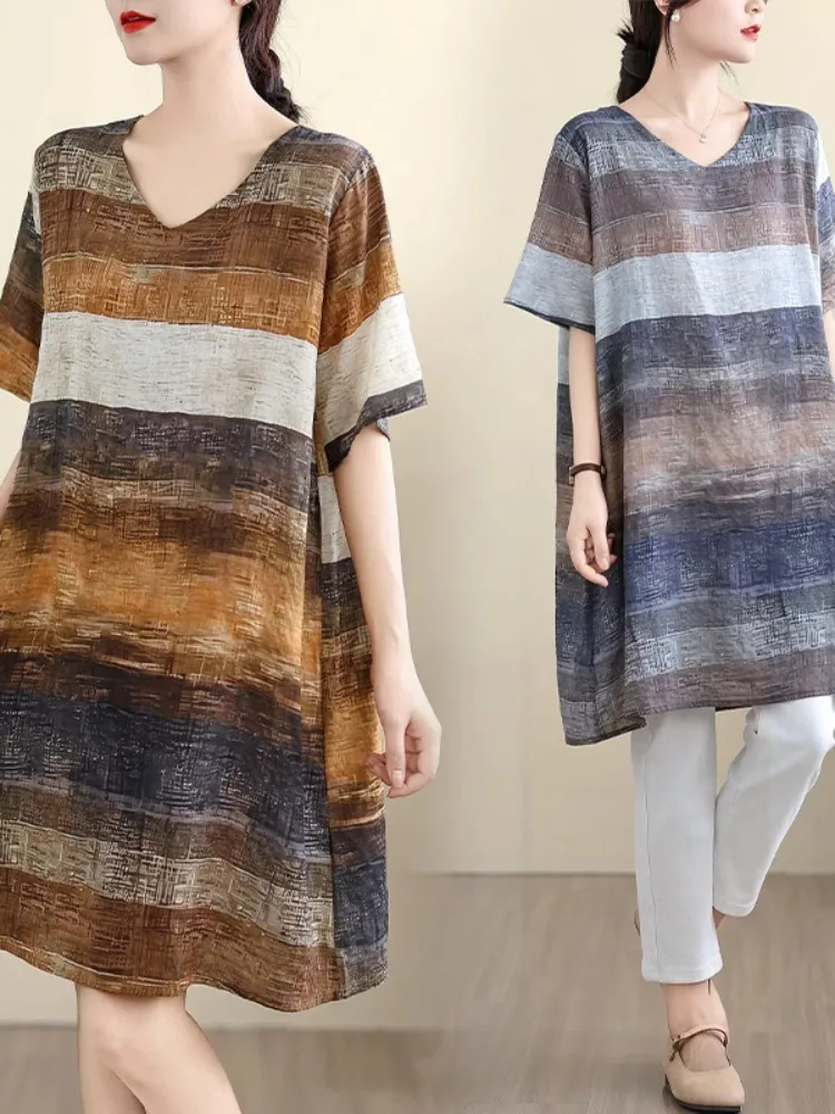 Vintage Gestreiften Baumwolle Leinen Kleid für Frauen Sommer Mode Kurzarm Farbe Patchwork Lose Beiläufige Pullover Kleider Weibliche