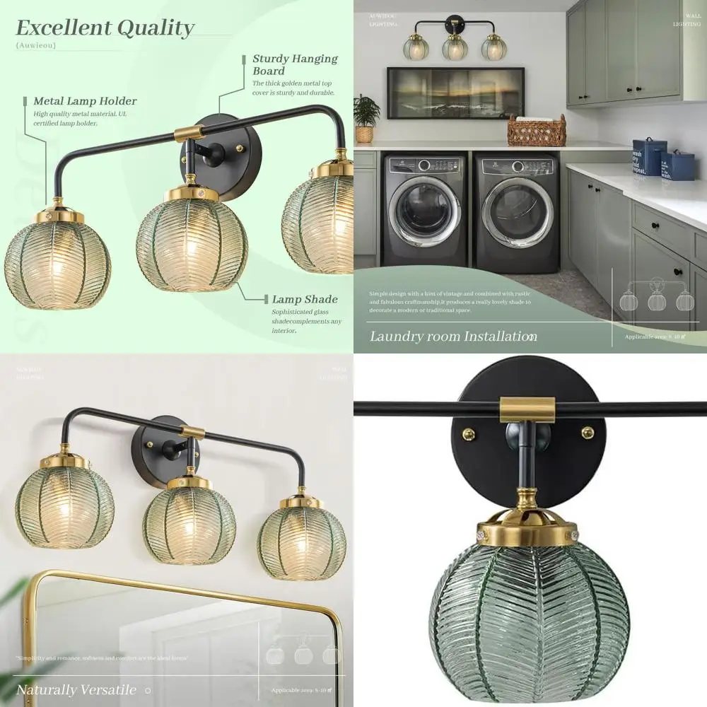 3-Light Vintage Green Glass Sconce - مصباح جداري للحمام وغرفة النوم والممر #1