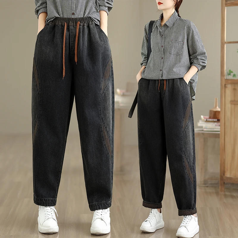 Retro Patchwork Waed Pantaloni in denim casual Elastico in vita con cintura Jeans larghi da donna Bla Cotton 00% Autunno New Sle