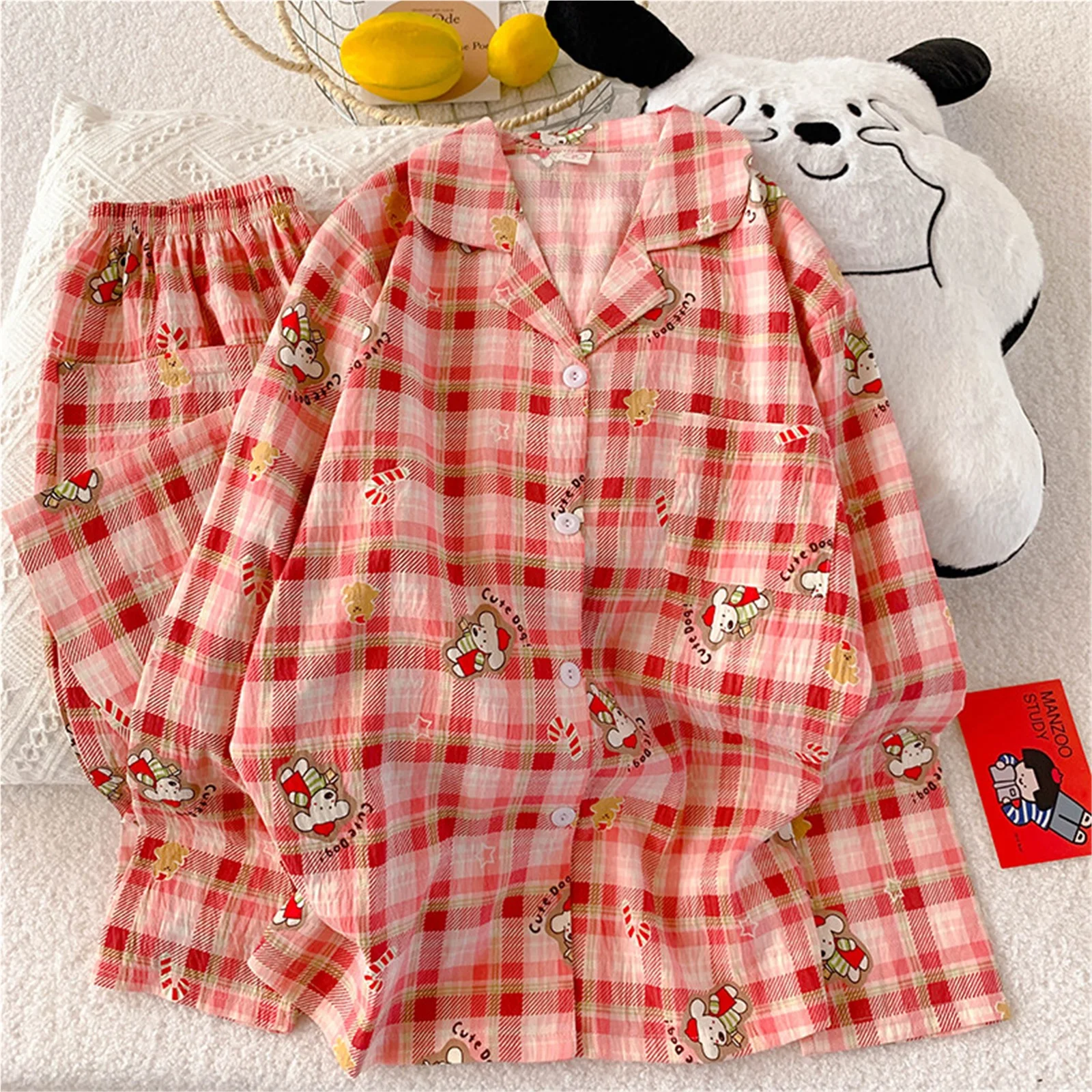 

Women's 2 Piece Pajama Sets Long Sleeve Sleepwear Button Down Soft Lightweight Pants Set With Pockets red grid