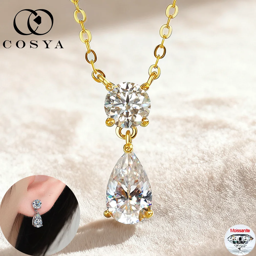 

COSYA 3cttw Pear/Round Cut Moissanite Necklace/Ear Studs Plated 18K Gold S925 Silver Lab Diamond Wedding Jewelry For Women Gift