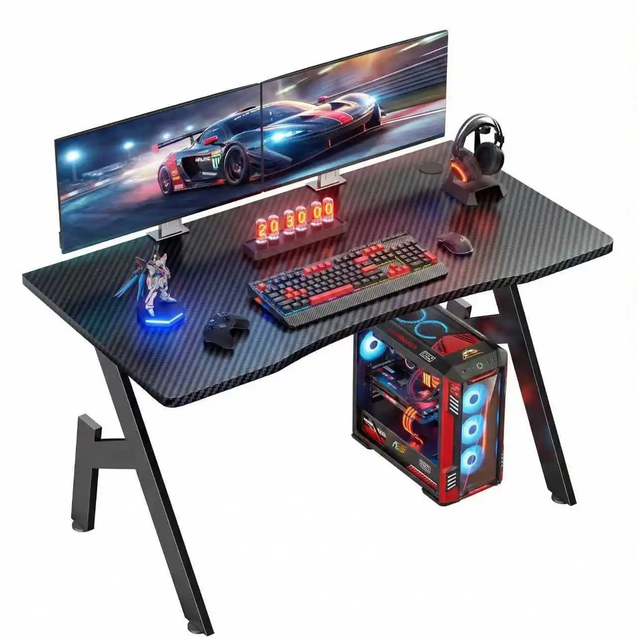 

Gaming PC Desk for Home Office, A Shaped Gaming Table with Cup Holder and Headphone