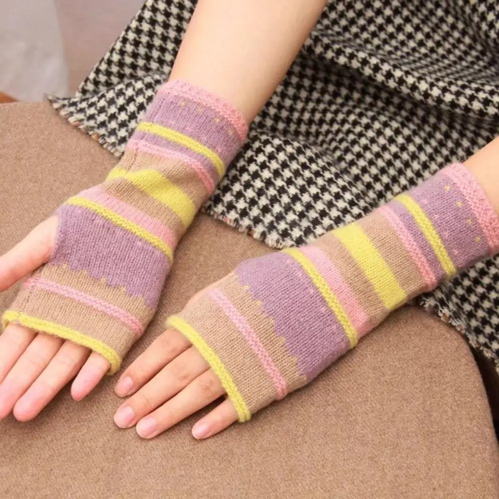 Women Gloves Winter Warm Knitting Arm Sleeve Colorful Stripes Long Fingerless Gloves Working Writting Warm Mitten Student Gloves