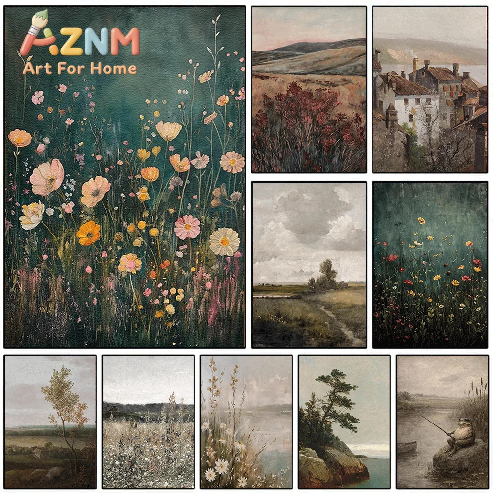 Vintage Wildflower Landscape Canvas Print, Retro Countryside Scenery Floral Oil Painting Art Poster, Frameless Canvas Wall Pic