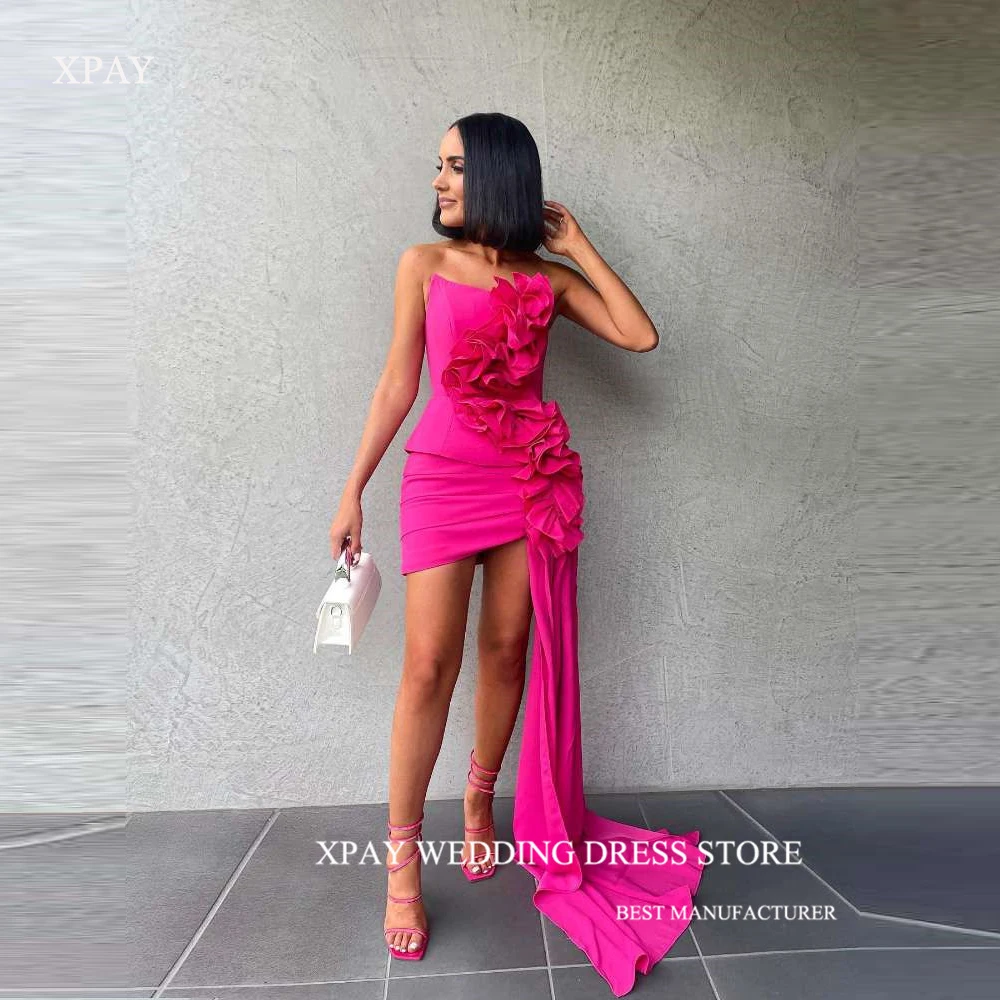 XPAY Hot Pink Short Teo Pieces Party Prom Dresses Strapless Ruffles Mini Sexy Summer Beach Cocktail Dress African Evening Gowns