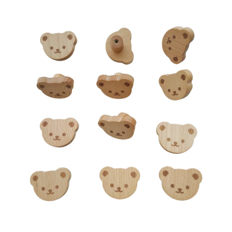 Nordic Cute Bear Wood Kitchen Cabinet Handles Wooden Wardrobe Knobs Drawer Pulls Cupboard Handles Furniture Accessories Hardware