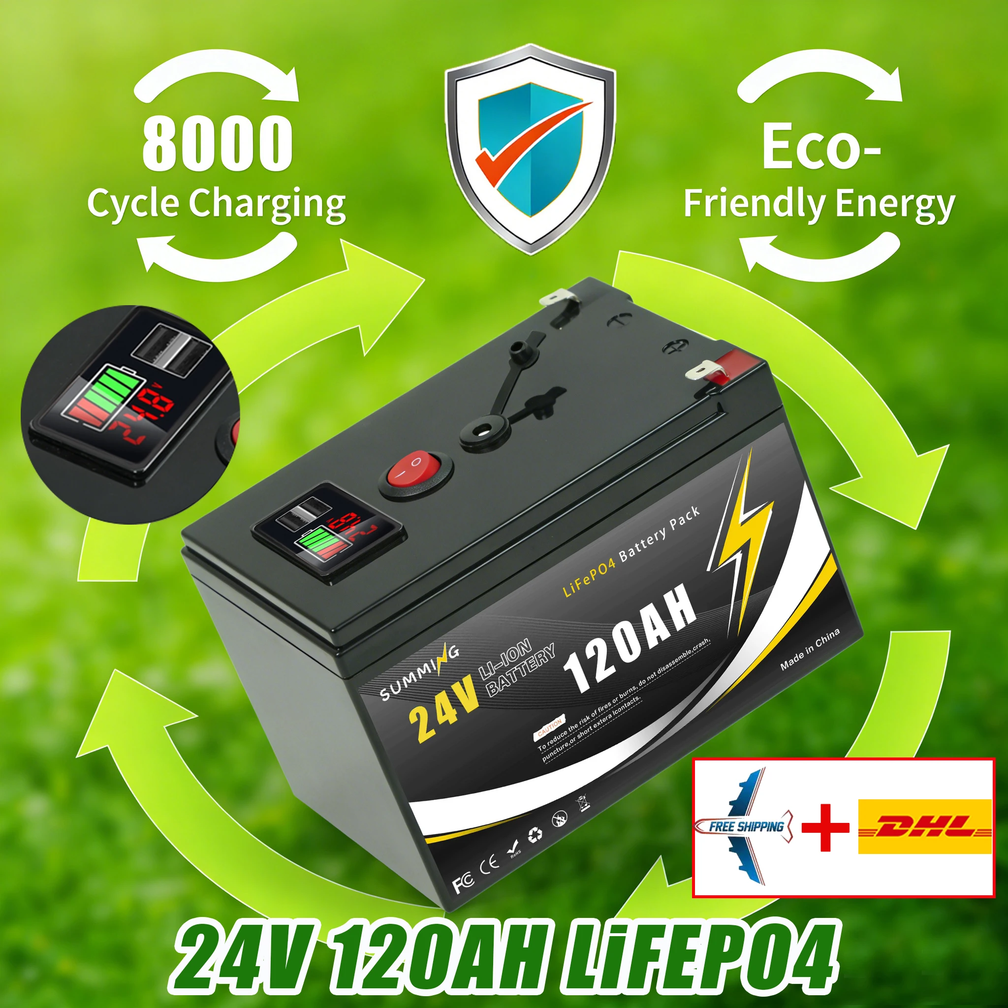 

Lithium Battery 24V 120Ah Lithium☁️Iron Phosphate Battery w/ Enhanced BMS-Perfect for Solar Storage, RV, Boat, Solar️Battery