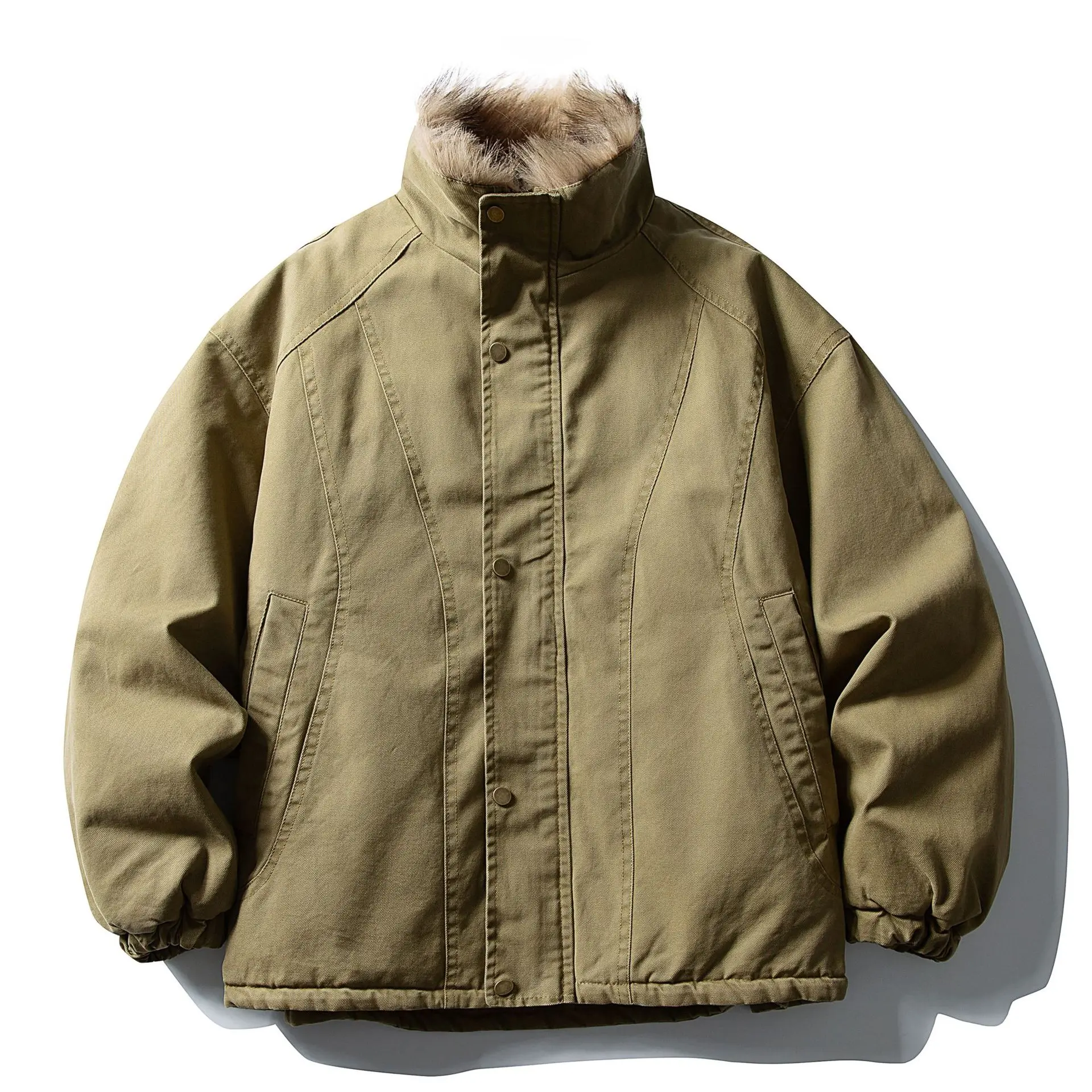 

Мужская свободная теплая хлопковая куртка в стиле ретро с меховым воротником и воротником-стойкой, с длинными рукавами, из хлопка, с эффектом пошива и вставками, в рабочем стиле