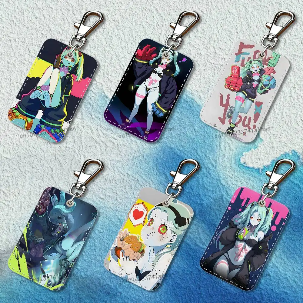 Rebecca C-Cyberpunk E-Edgerunners Rectangle Card Case Leather Card Holder Keychain Key Ring Transportation Card Case