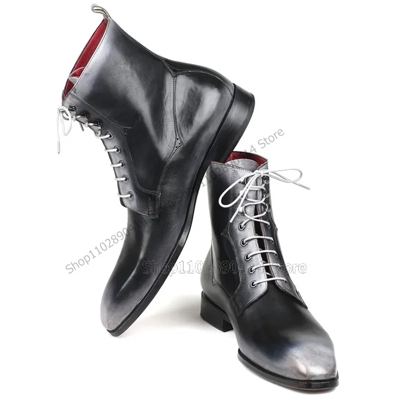 Cinza preto dedo do pé quadrado meados de bezerro tiras botas masculinas moda rendas até sapatos masculinos de luxo artesanal festa tamanho grande sapatos masculinos